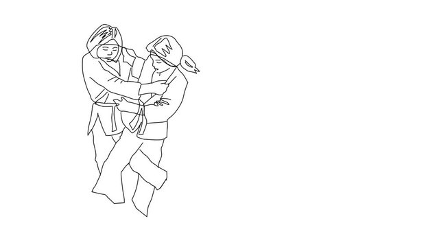 Animated sketch vector self drawing doodle females Judo martial arts fighting competing takedown move drawn in black changes to color illustration