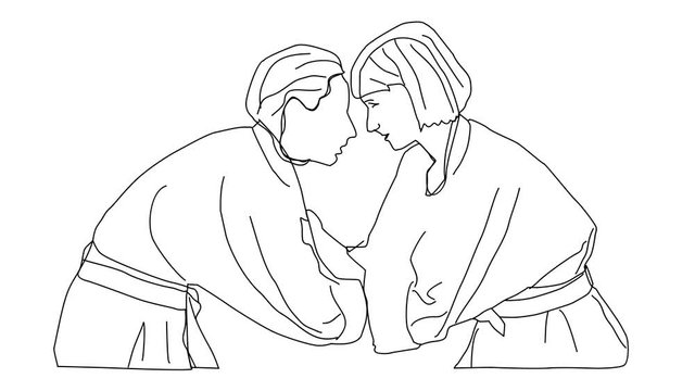 Animated sketch vector self drawing doodle females Judo martial arts fighting competing starting stance move drawn in black changes to color illustration
