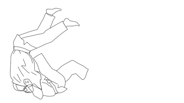 Animated sketch vector self drawing doodle Judo martial arts flip move drawn in black changes to color illustration