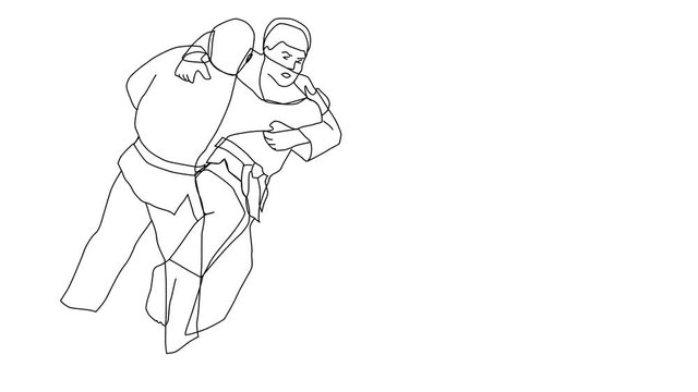 Animated sketch vector self drawing doodle Judo martial arts fighting takedown move drawn in black changes to color illustration