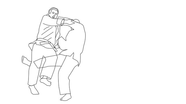 Animated sketch vector self drawing doodle Judo martial arts fighting takedown move drawn in black changes to color illustration