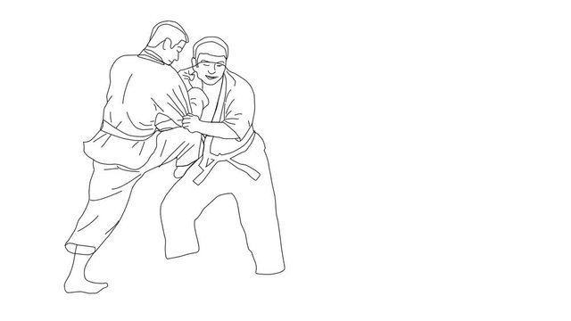 Animated sketch vector self drawing doodle Judo martial arts fighting move drawn in black changes to color illustration
