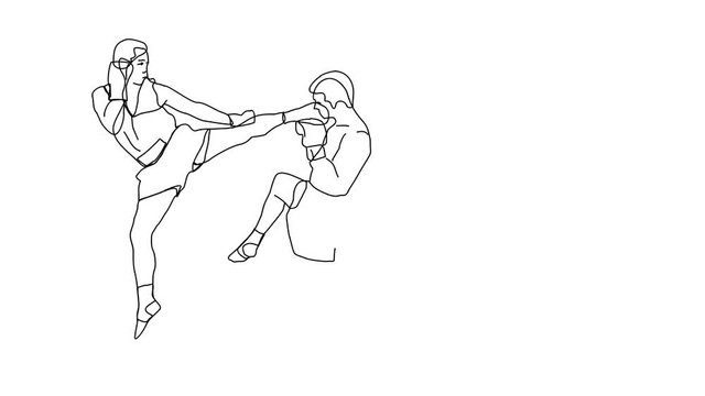 Animated sketch vector self drawing doodle kickboxing competition match male opponents drawn in black changes to color illustration