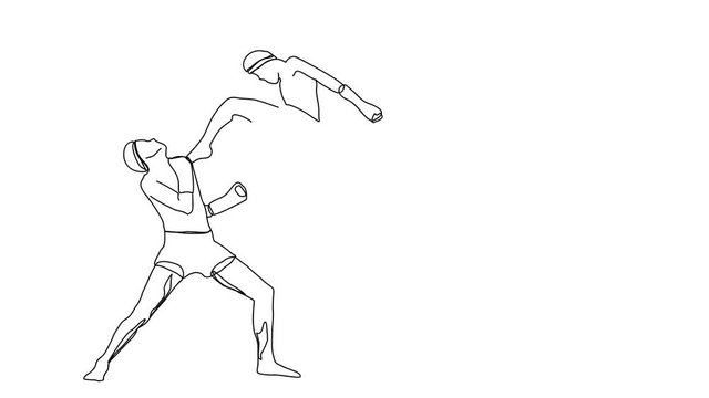 Animated sketch vector self drawing doodle kickboxing competition match male opponents face kick drawn in black changes to color illustration