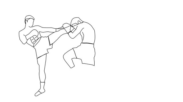 Animated sketch vector self drawing doodle kickboxing competition match male opponents face kick drawn in black changes to color illustration