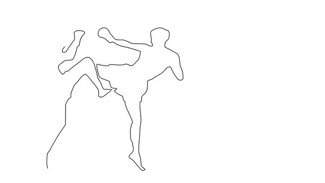 Animated sketch vector self drawing doodle kickboxing competition match male opponents fighting silhouette drawn in black changes to color illustration