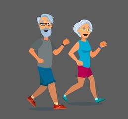Senior age couple running. Cool vector flat character design on elderly man and woman jogging.