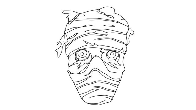 Animated sketch vector drawing doodle evil mummy head drawn in black changes to color illustration