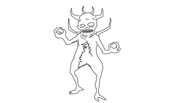 Animated sketch vector drawing doodle evil green devil monster with horns and claws drawn in black changes to color illustration
