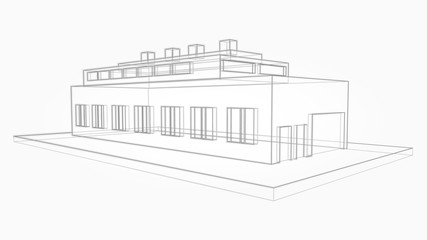 Technical drawing of an industrial building, hidden lines on a white background