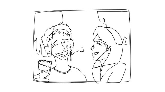 Animated sketch vector drawing doodle happy cute flirting cupple painting being playful drawn in black changes to color illustration