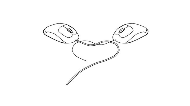 Animated sketch vector drawing doodle blue and pink computer mice make heart shape with cords drawn in black changes to color illustration