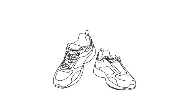 Animated sketch vector self drawing doodle isolated tennis sneakers shoes equipment gear apparel drawn in black changes to color illustration