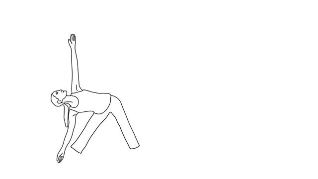 Animated sketch vector self drawing doodle yoga woman in extended triangle pose asana posture drawn in black changes to color illustration
