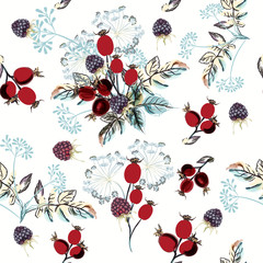 Beautiful vector flower pattern with watercolor berries and plants