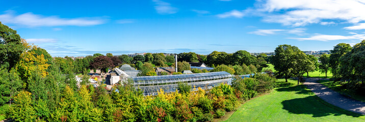 A panoramic view of David Welch Winter Gardens and Duthie Park from top of the Mound (artificial hill), Aberdeen, Scotland