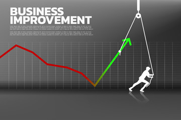 Silhouette of businessman pull up the business graph with rope and reel. concept of business improvement.