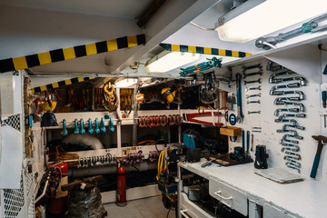 Ship workshop or instrument store. Many different tools and instruments for routine job