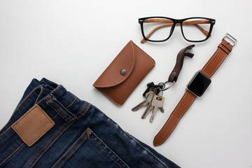 Objects made by brown on white background.Top view