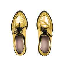 gold metallic elegant shoes isolated on white background, top view,