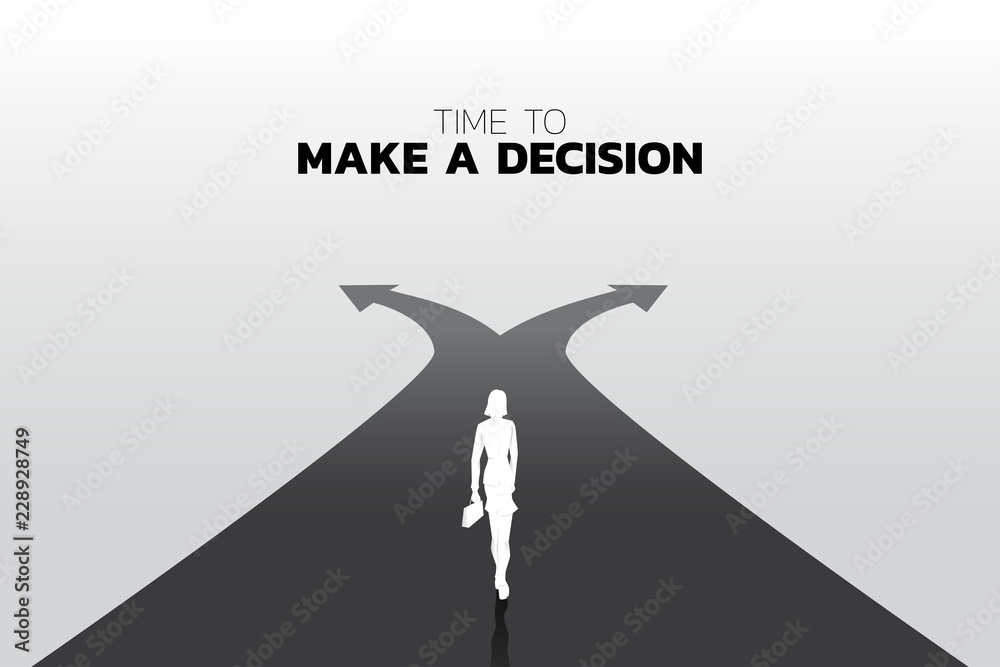 Poster silhouette of businesswomen with briefcase step forward to crossroad. concept of time to make decisi