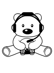 zocken gamer konsole controller spielen spaß headset computerspiel spiele bär süß niedlich sitzen klein comic cartoon clipart design teddy grizzly grizzlybär sitzend dick lustig