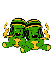 team 2 freunde jamaika kiffen raggae kiffer joint drogen rauchen weed hanf cannabis bekifft bär süß niedlich sitzen klein comic cartoon clipart design teddy grizzly grizzlybär sitzend lustig