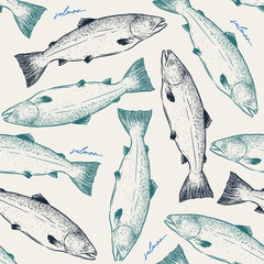 Salmon,seamless pattern sketch vector.