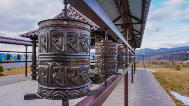 Buddhist prayers drums in the Buddhist datsan of the city of Ulan Ude, Russia