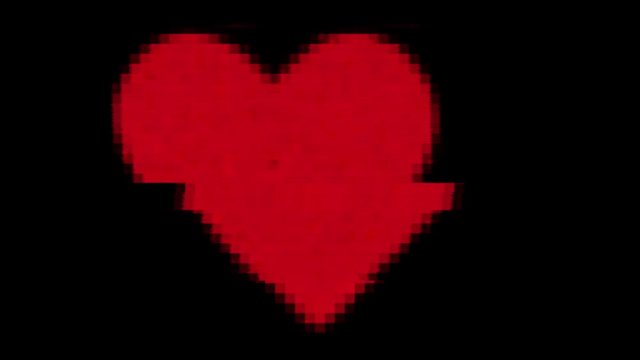 A static big red digital heart, made of pixels. Heavy glitch distorion effect applied.
