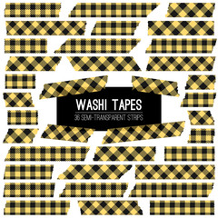 
Yellow Black Buffalo Check Plaid Vector Washi Tape Strips. Semitransparent Stickers Mock Up. Trendy Photo Framing Isolated Design Elements. Vector EPS File Includes 8 Pattern Tile Swatches Used.