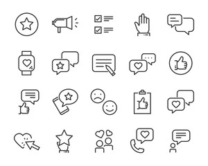 set of feedback line icons, such as, question, review, test, app