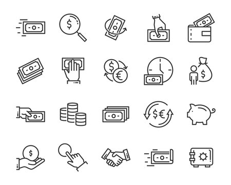 set of money line icons, such as currency, finance, digital, percent
