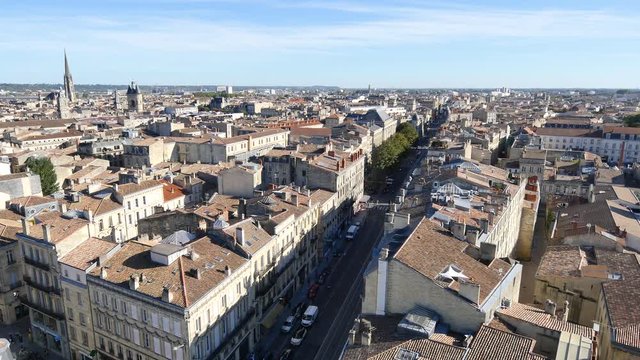 View from the Pey-Berland Tower, in Bordeaux, in southwestern France. Aerial view of the city. There is the avenue "cours pasteur" in the foreground. 
