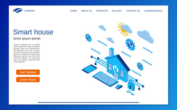 Smart house flat 3d isometric vector concept illustration. Website landing page design template
