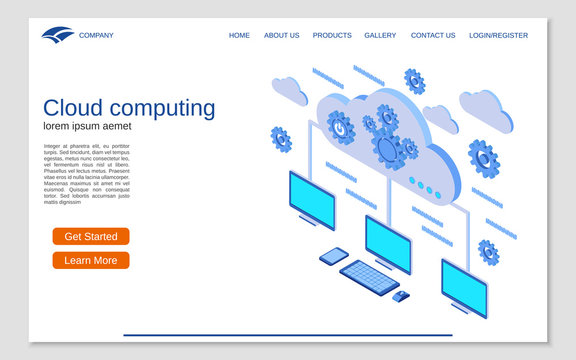 Cloud computing flat 3d isometric vector concept illustration. Website landing page vector template