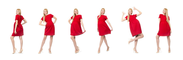 Pretty pregnant woman in red dress isolated on white