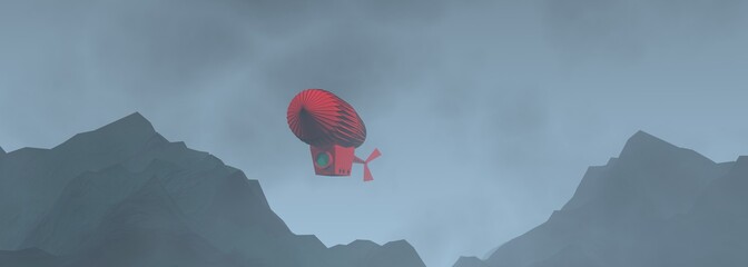 Mountain landscape with fog. Mountain tops panoramic view. Fantasy dirigible flight. 3D rendering © JEGAS RA