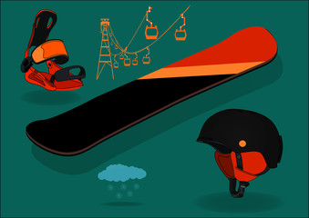 snowboarding set, vector illustration, Board, shoes, helmet