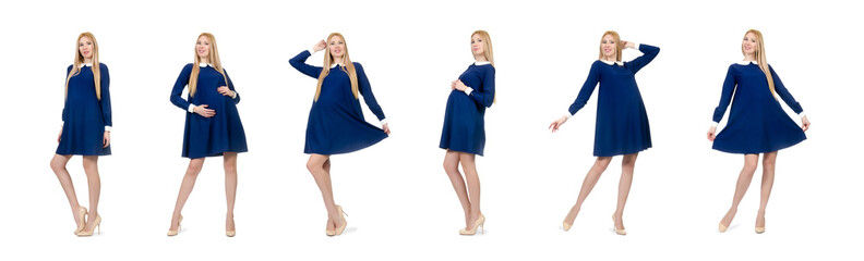 Beautiful pregnant woman in blue dress isolated on white