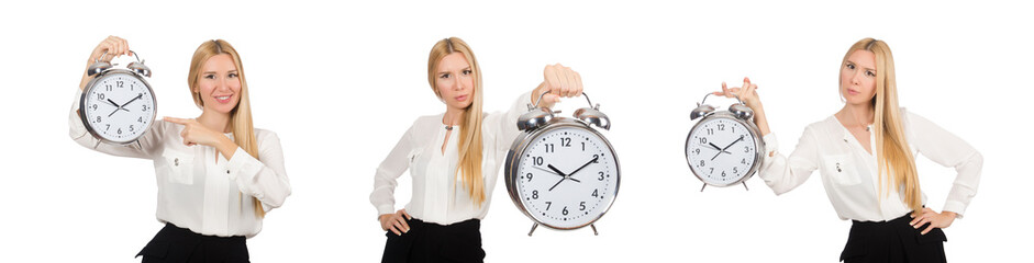 Businesswoman with clock isolated on the white background