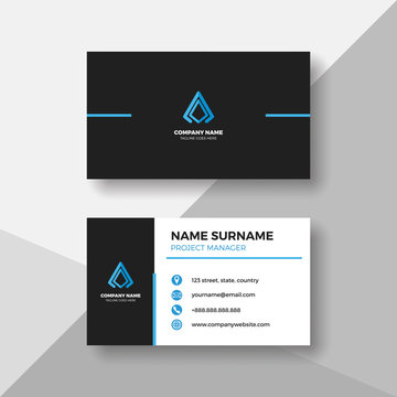 Black business card with blue details