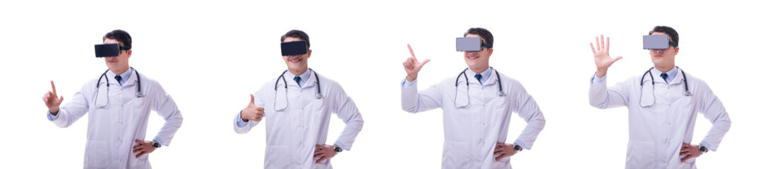 Doctor wearing a vr virtual reality headset isolated on white ba