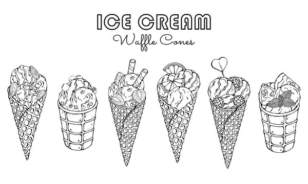 Group of vector colorful illustrations on the sweets theme; set of different kinds of ice cream in waffle cones decorated with berries, chocolate or nuts. Isolated objects for your design.