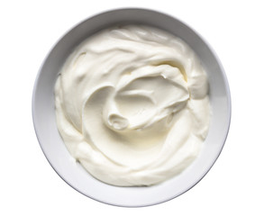Yogurt isolated on white - Natural creamy white Greek yoghurt - top view photo