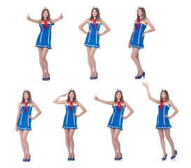 Obraz premium Woman flight attendant with thumb up gesture