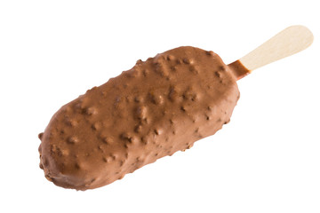 Chocolate and crunchy nut covered ice cream lolly isolated over white