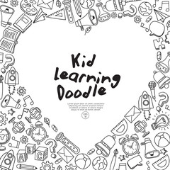 Set of hand drawn kid learning doodles shaped in heart : Vector Illustration