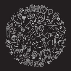 Set of hand drawn kid learning doodles shaped in circle : Vector Illustration