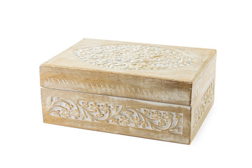 Wooden box with carved lid isolated on white background - Beautiful trinket or jewellery box